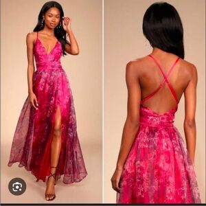 Lulu's Romance That Wows Fuchsia Pink Floral V-Neck High-Low Gown